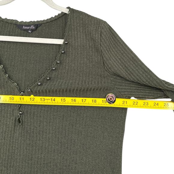 Amaryllis Olive Green V Neck Button Detail Ribbed Texture Long Sleeve Top XL - Picture 7 of 8